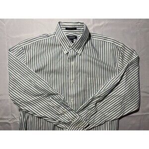 Lands End Green Stripe Pinpoint Oxford Button Down Shirt Mens 16/32 Tailored fit